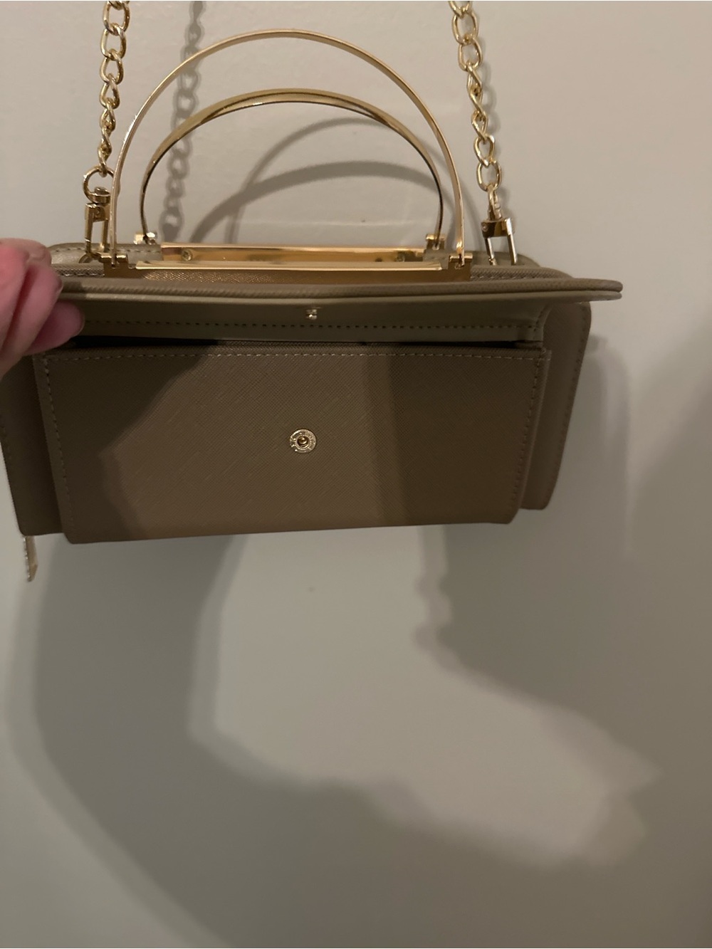 Faux Leather Top Handle Crossbody Clutch Taupe Gold Chain Structured Mini Bag - Picture 4 of 11